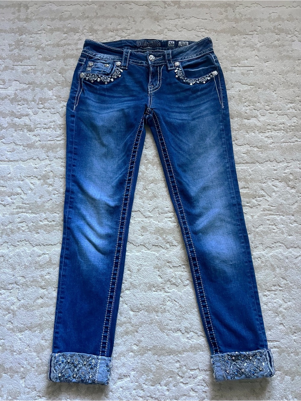 Miss Me Blue Skinny Jeans with Embellished Pockets and Cuffed Hem